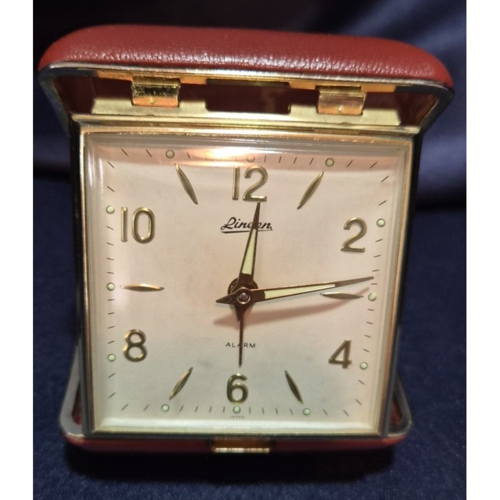 Vintage Linden Folding Travel Alarm Clock Brown Leather Glow In Dark Dials Works